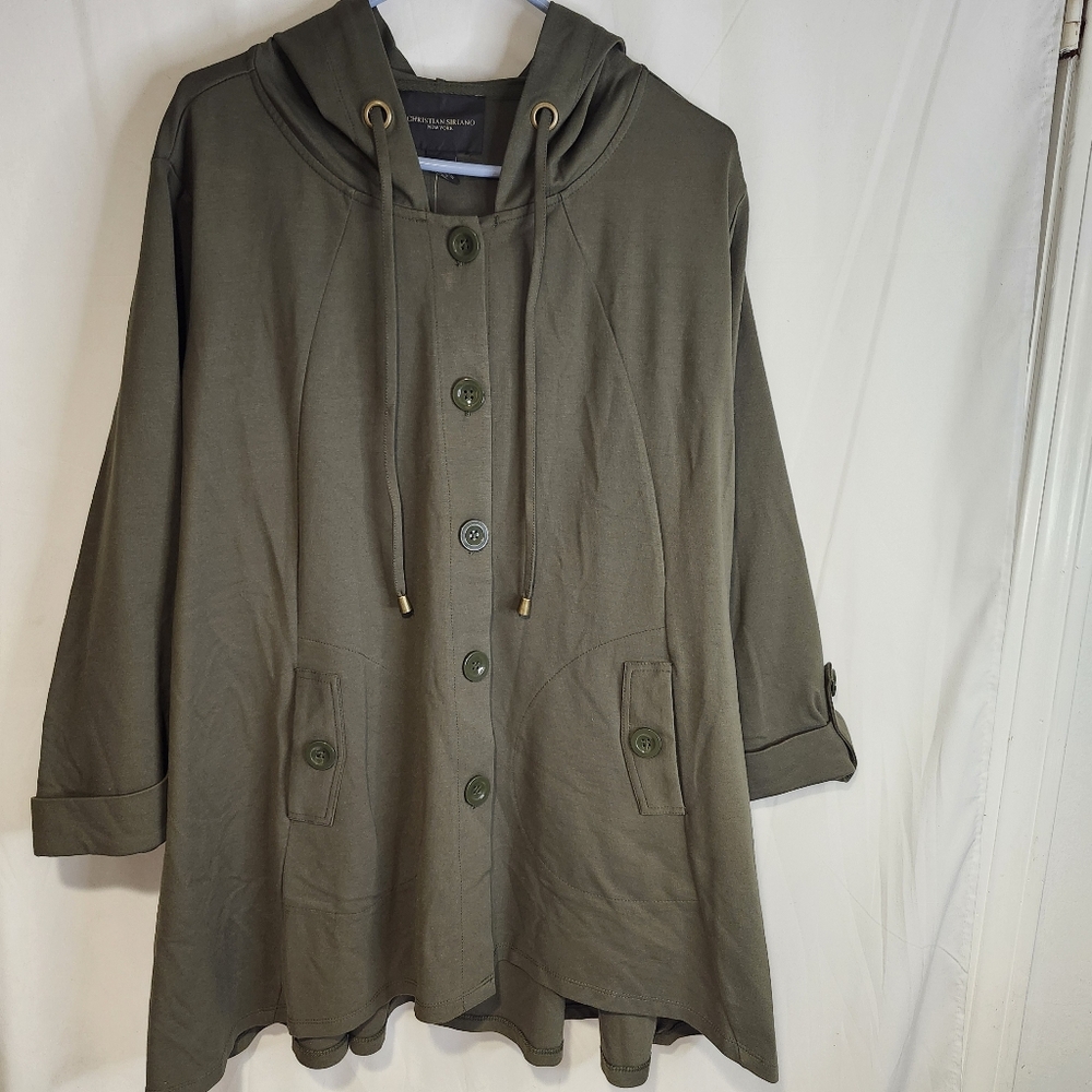 Christian Siriano Women’s Olive Green Hooded Jacket Size 2X Button Up Front